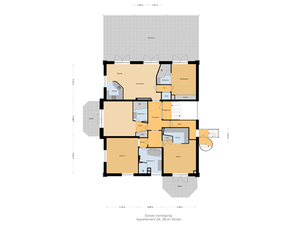 Eerste Verdieping/ Appartement 2A, 2B en Studio