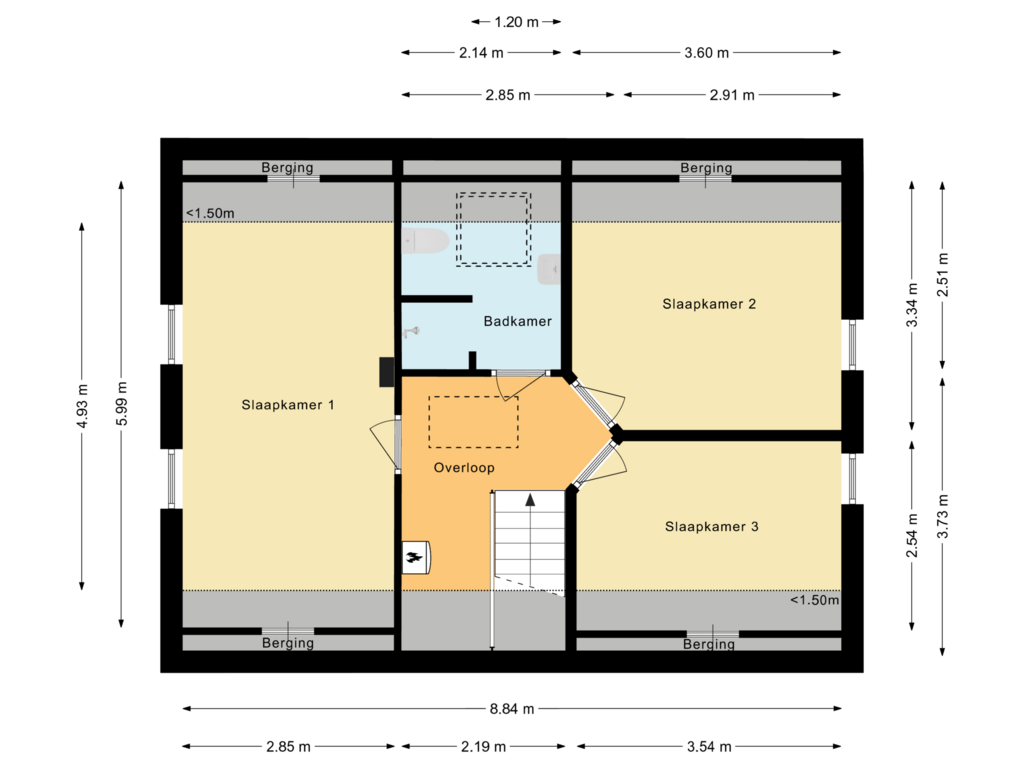 View floorplan of Eerste verdieping of Warmenbossenweg 3-16