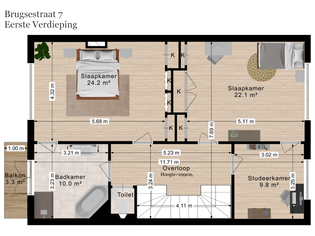 Bekijk plattegrond van 1e Verdieping van Brugsestraat 7