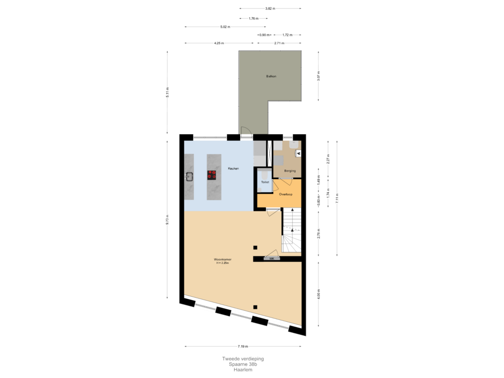 View floorplan of Tweede verdieping of Spaarne 38-B