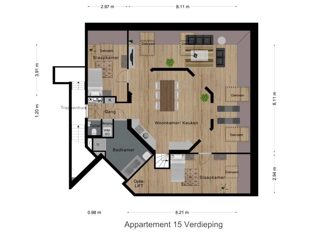 View floorplan of Appartement 15 Verdieping of Klaas van Amerongenhof 1-D