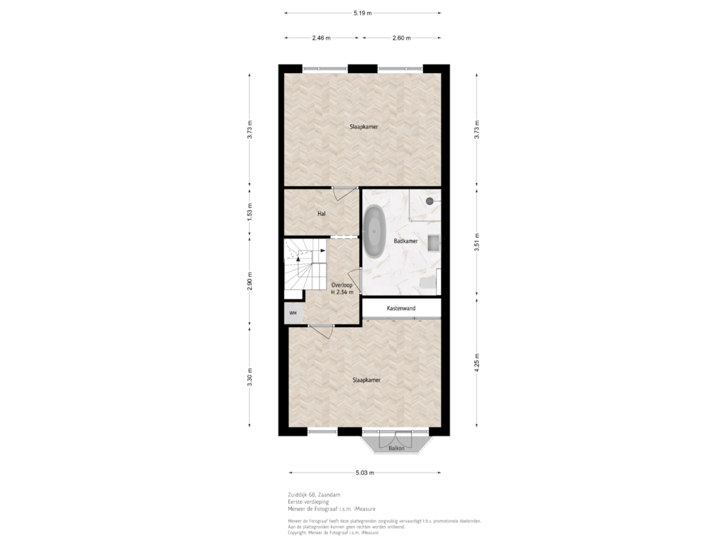 View floorplan of 1e verdieping of Zuiddijk 68