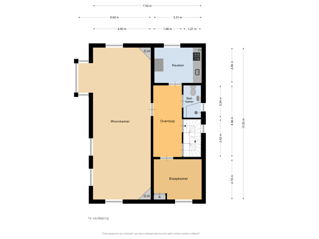 View floorplan of 1e verdieping of Bleekersstraat 60