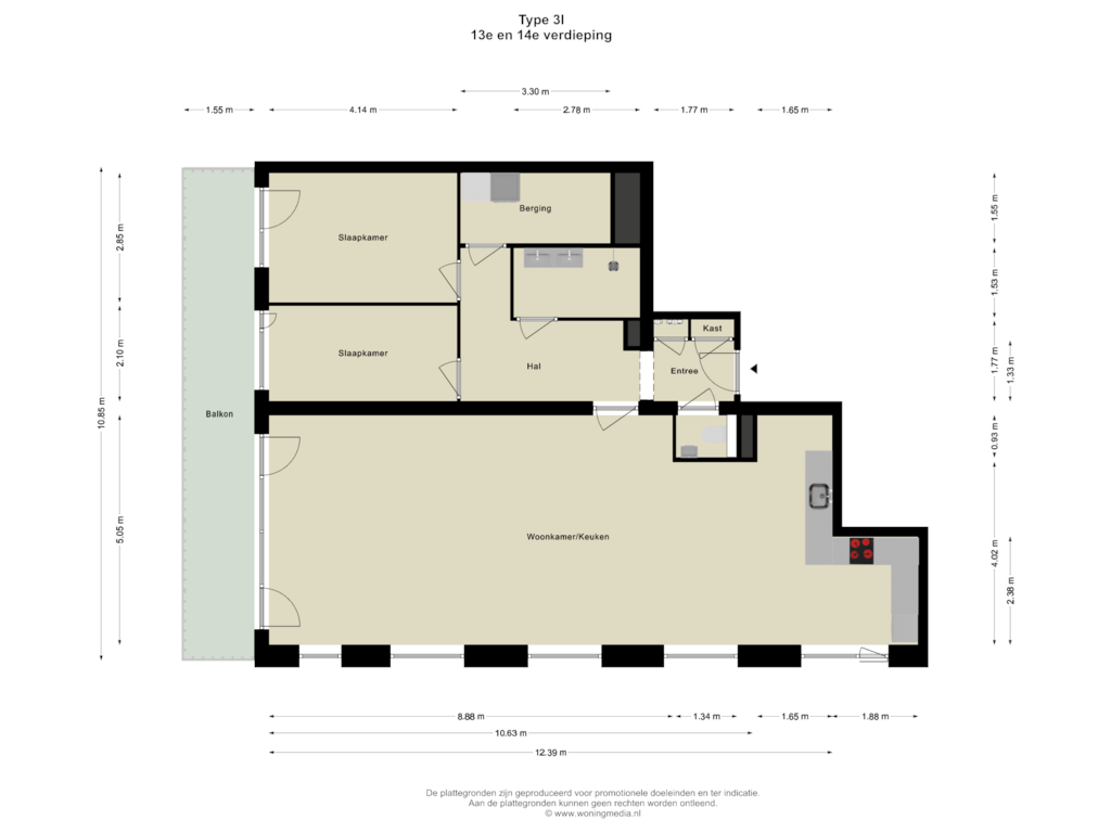 View floorplan of 13e en 14e verdieping of SPOT Amsterdam | Scarlet (Bouwnr. D.14.03)