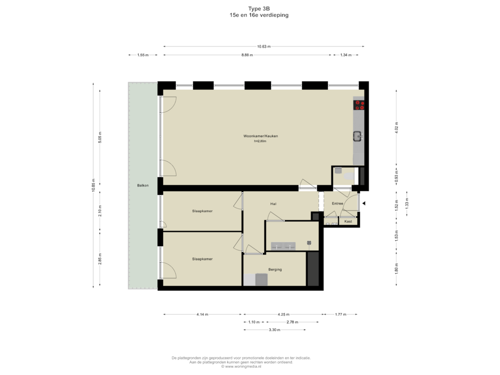 View floorplan of 15e en 16e verdieping of SPOT Amsterdam | Scarlet (Bouwnr. D.16.02)