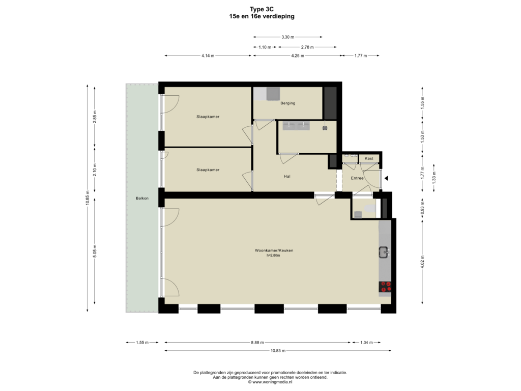 Bekijk plattegrond van 15e en 16e verdieping van SPOT Amsterdam | Scarlet (Bouwnr. D.16.03)