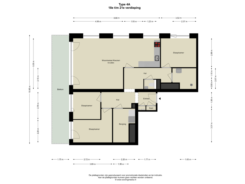 View floorplan of 18e t/m 21e verdieping of SPOT Amsterdam | Scarlet (Bouwnr. D.19.02)