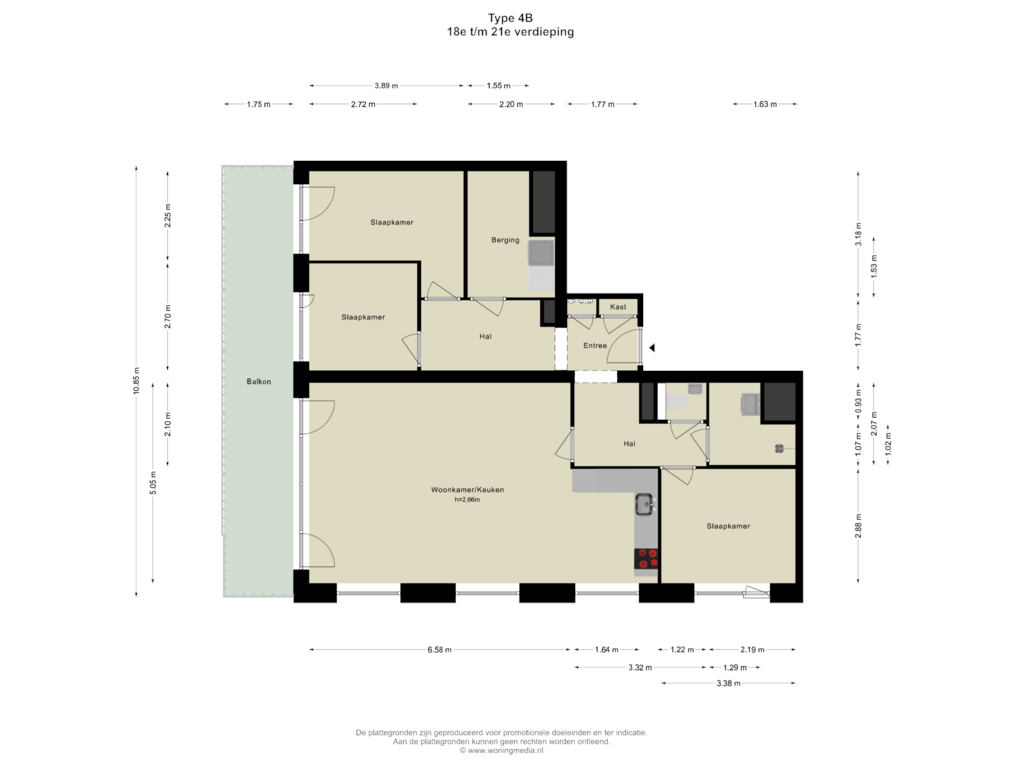 View floorplan of 18e t/m 21e verdieping of SPOT Amsterdam | Scarlet (Bouwnr. D.19.03)