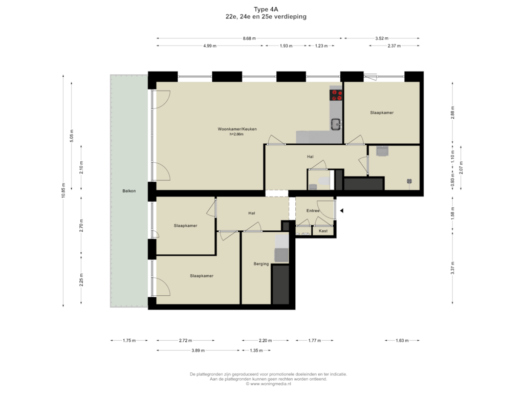 View floorplan of 22e, 24e en 25e  verdieping of SPOT Amsterdam | Scarlet (Bouwnr. D. 24.02)