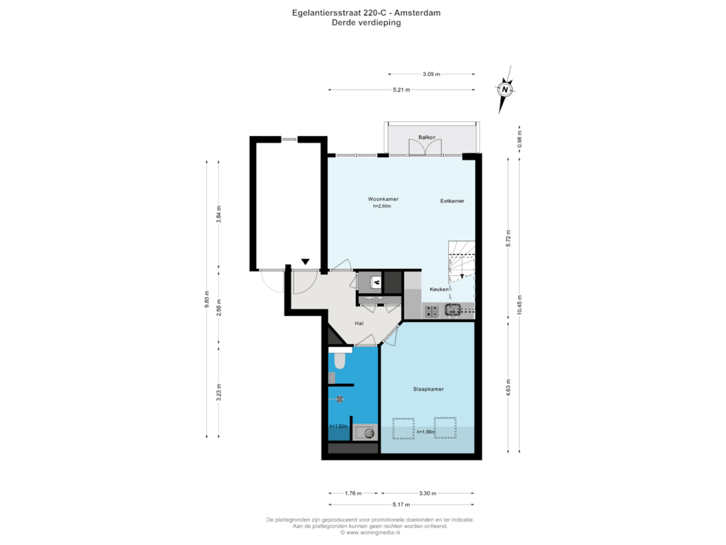 View floorplan of Derde verdieping of Egelantiersstraat 220-C