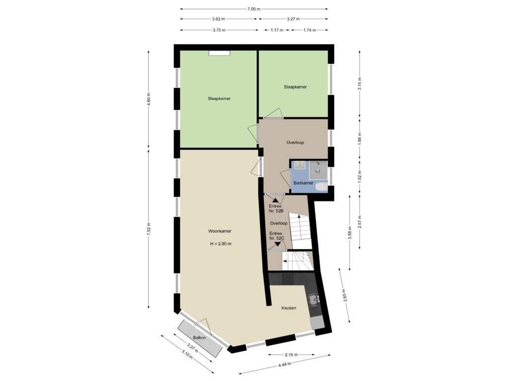 Bekijk plattegrond van 1e Verdieping van Calvariestraat 52-B