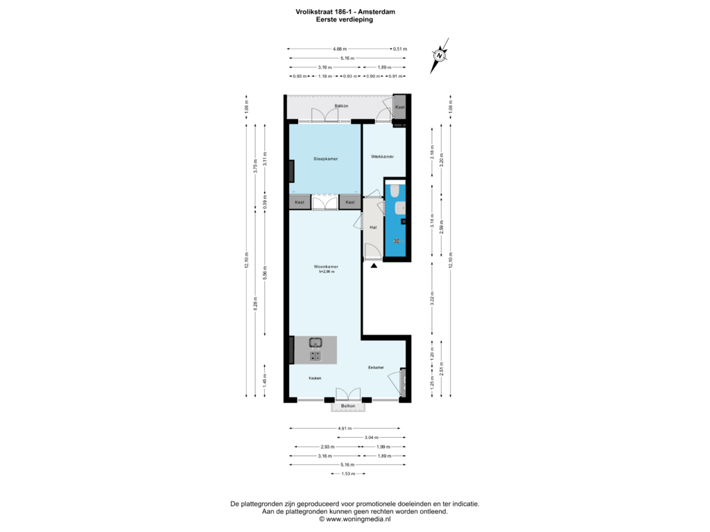 View floorplan of Eerste verdieping of Vrolikstraat 186-1