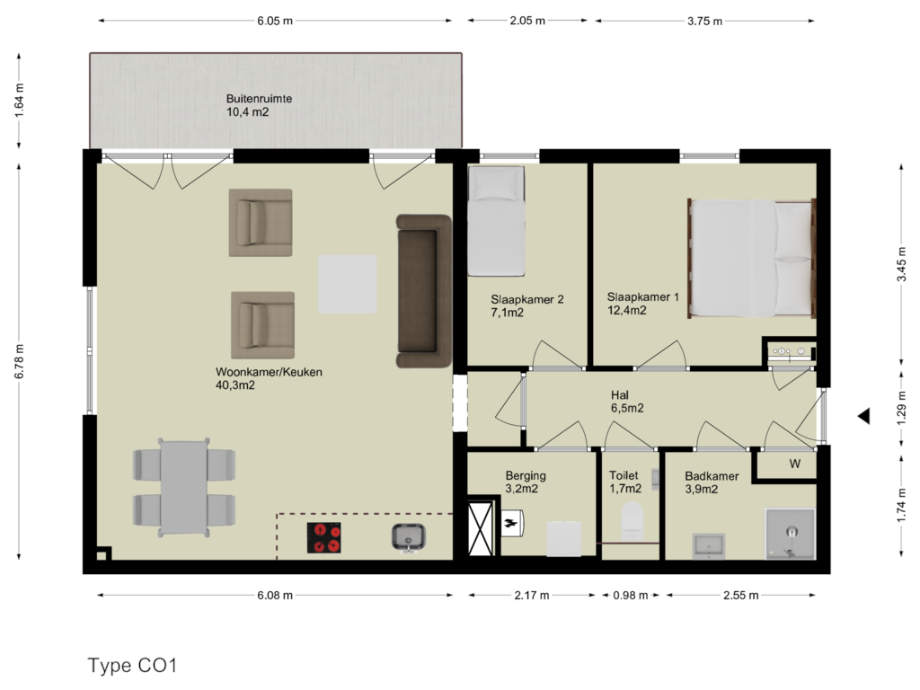 Bekijk plattegrond van Etage van 3-kamer appartement (Bouwnr. C.01.01)