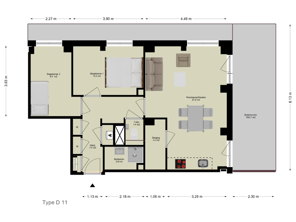 View floorplan of First floor of Maisonnette tweelaags (Bouwnr. C.04.01)