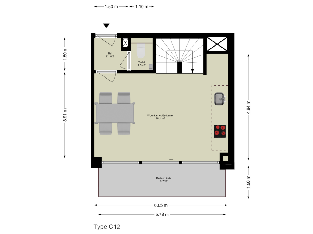 Bekijk plattegrond van Etage 1 van Maisonnette drielaags (Bouwnr. C.02.03)