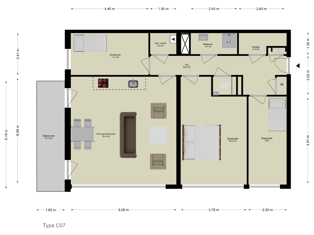 Bekijk plattegrond van First floor van 4-kamer hoekappartement (Bouwnr. C.01.02)