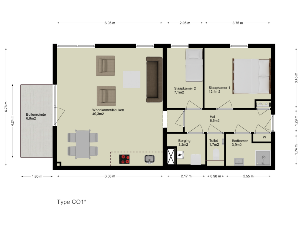 Bekijk plattegrond van Etage van 3-kamer appartement op de begane grond (Bouwnr. C.00.01)