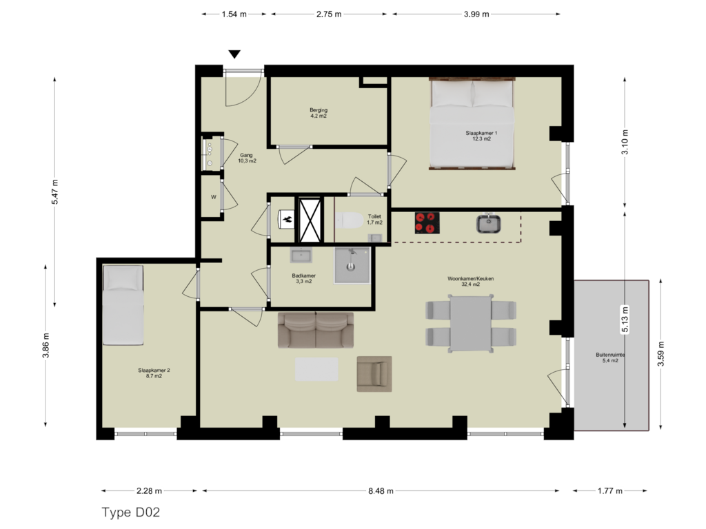 View floorplan of First floor of 3-kamer appartement op de begane grond (Bouwnr. D.00.02)