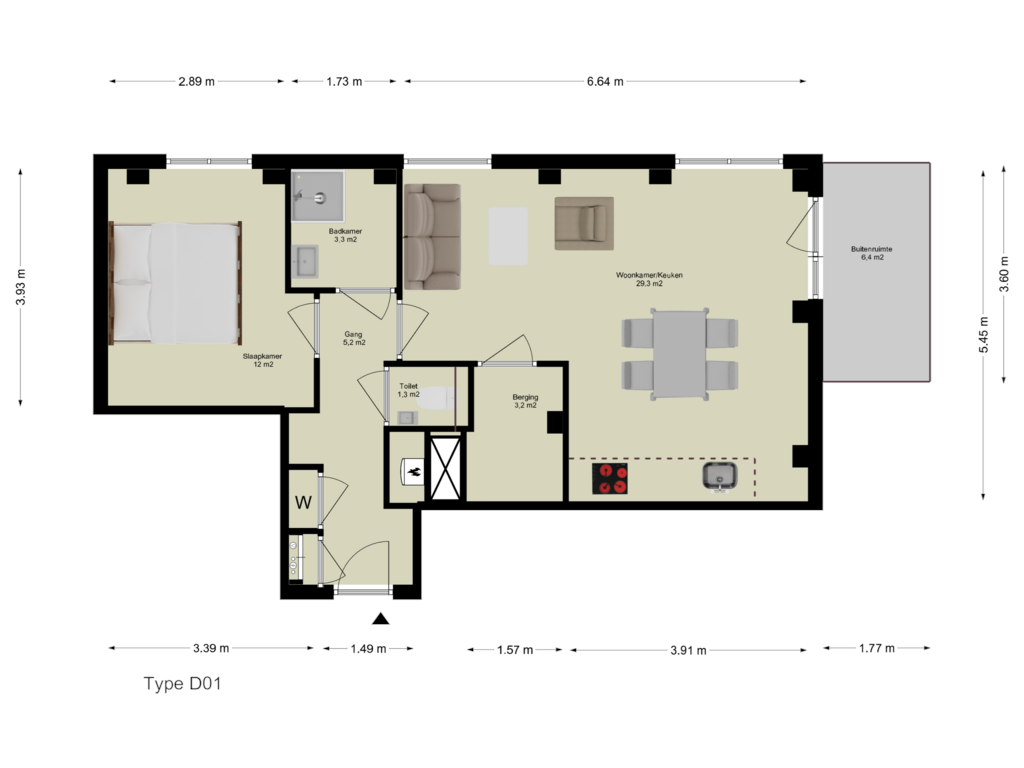 Bekijk plattegrond van First floor van 2-kamer appartement op de begane grond (Bouwnr. D.00.01)