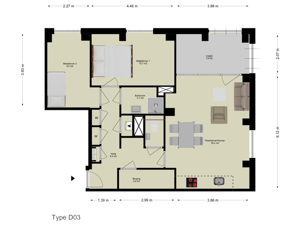 Bekijk plattegrond van First floor van 3-kamer appartement (Bouwnr. D.01.01)