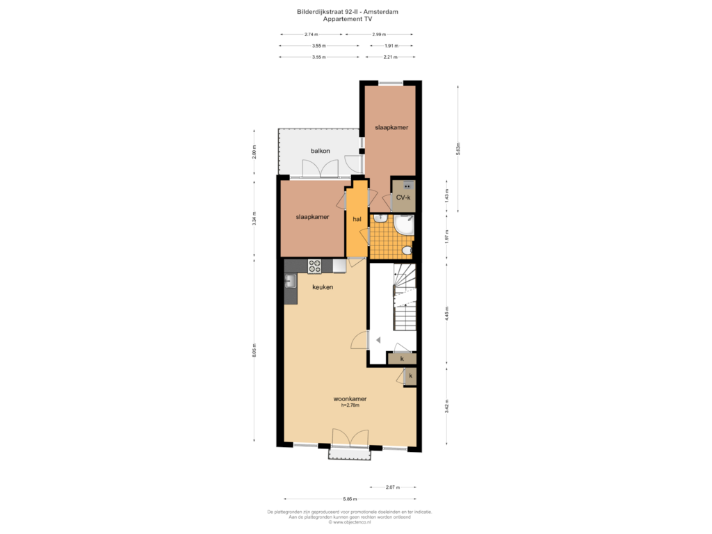 Bekijk plattegrond van Appartement TV van Bilderdijkstraat 92-2