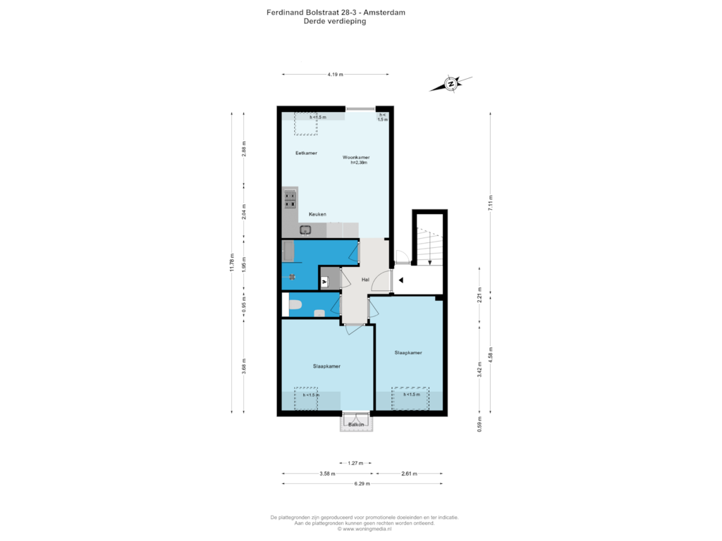 Bekijk plattegrond van Derde verdieping van Ferdinand Bolstraat 28-D