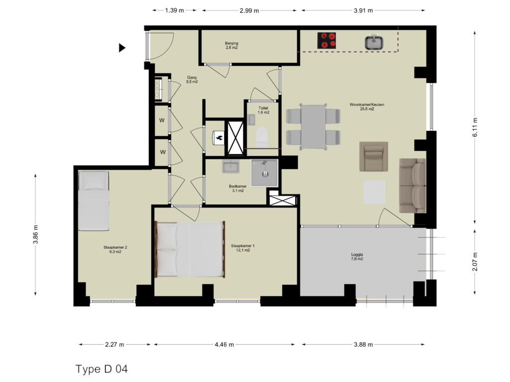 Bekijk plattegrond van First floor van 3-kamer appartement (Bouwnr. D.01.02)