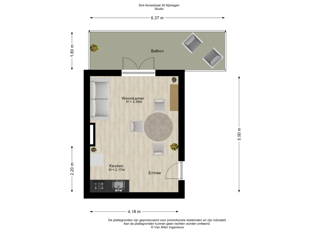 View floorplan of Studio of St. Annastraat 30