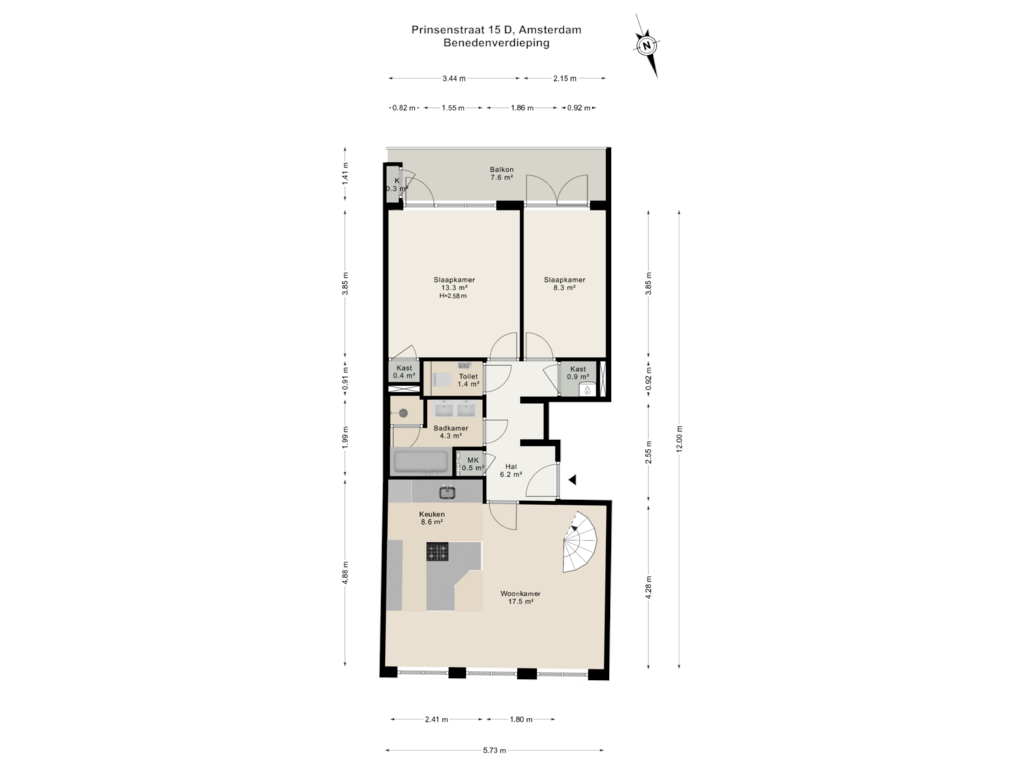 Bekijk plattegrond van Benedenverdieping van Prinsenstraat 15-D