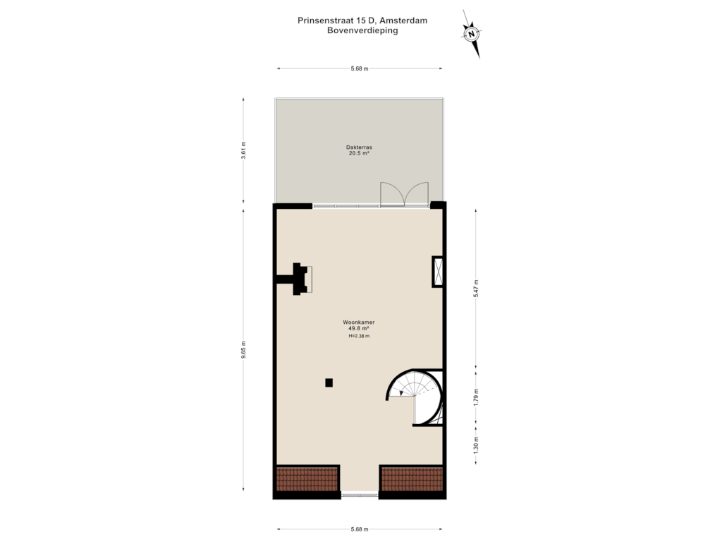 Bekijk plattegrond van Bovenverdieping van Prinsenstraat 15-D