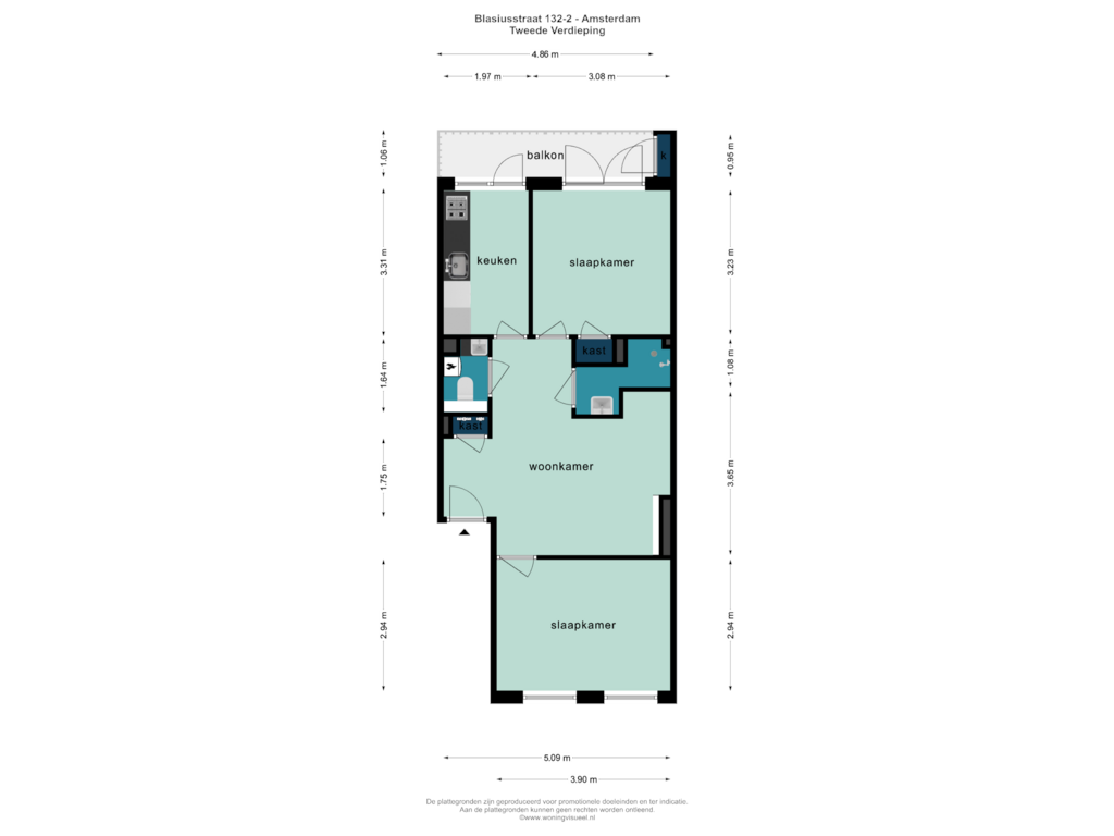 View floorplan of TWEEDE VERDIEPING of Blasiusstraat 132-2