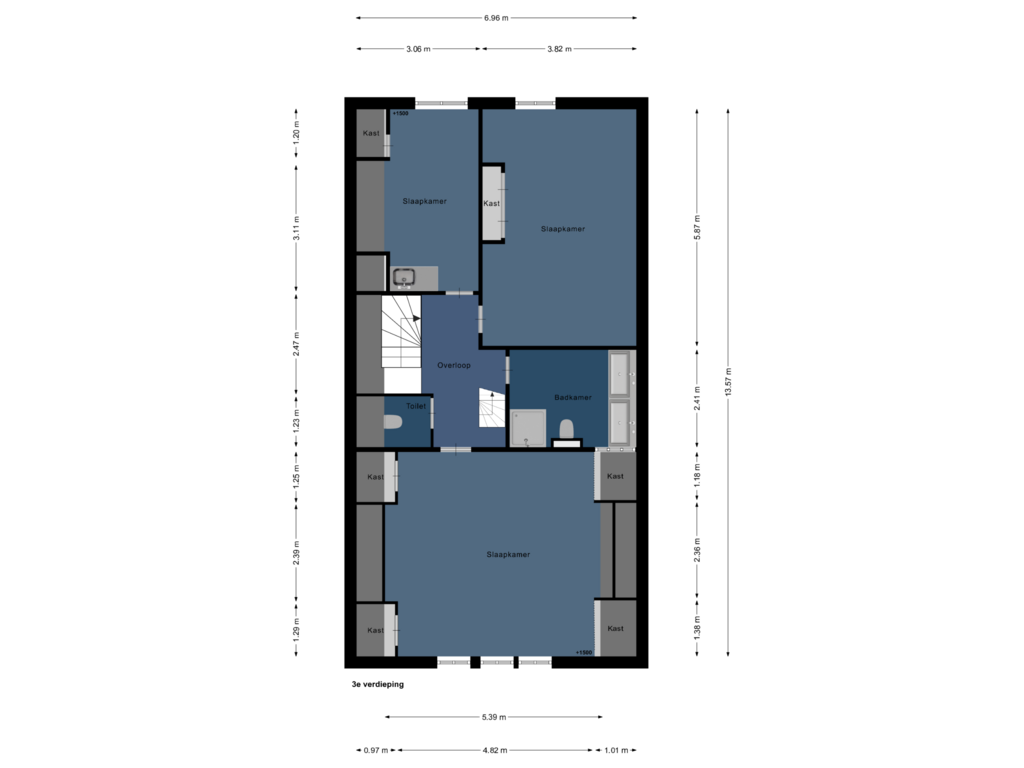 View floorplan of 3e verdieping of Pieter de Hoochstraat 3-2