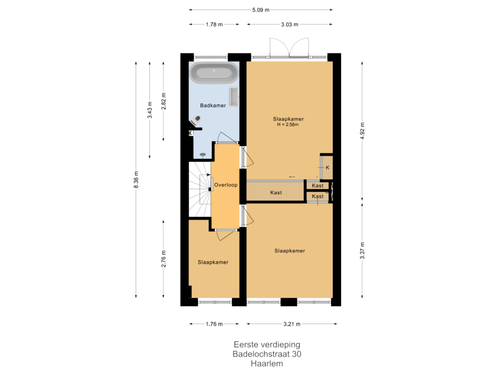 View floorplan of Eerste verdieping of Badelochstraat 30