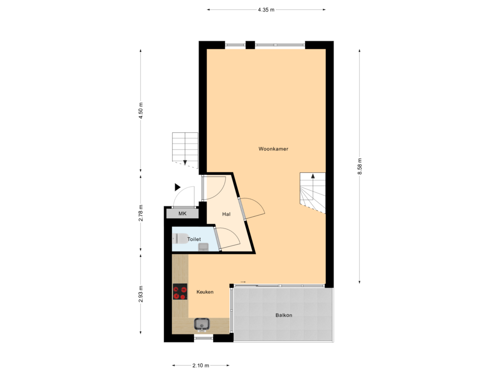 View floorplan of 1e Verdieping of Kortestraat 1-B