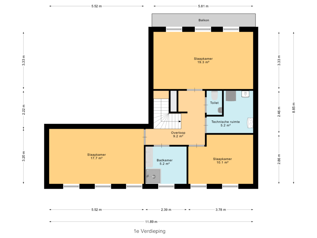 View floorplan of 1e Verdieping of B (Bouwnr. 1)