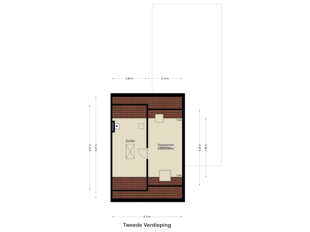 Bekijk plattegrond van Tweede Verdieping van Brededwarsstraat 23