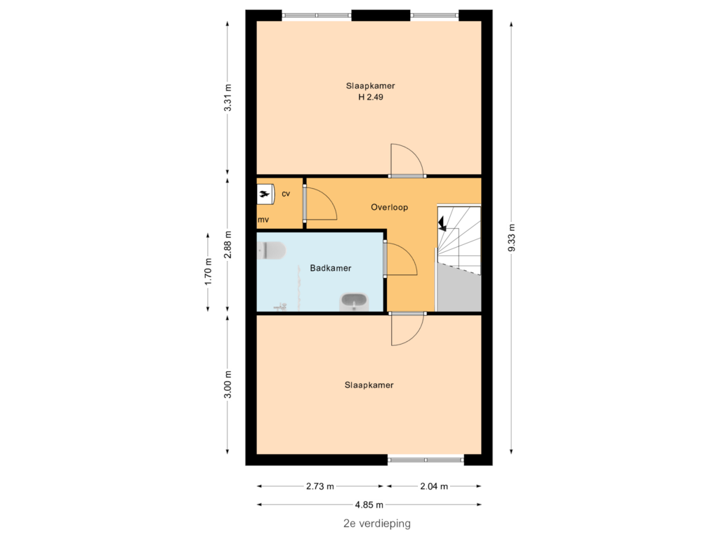 View floorplan of 2e verdieping of Hooghalenstraat 16