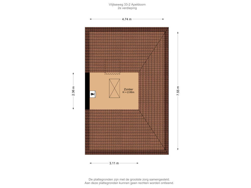 View floorplan of 2e verdieping of Vlijtseweg 33-2