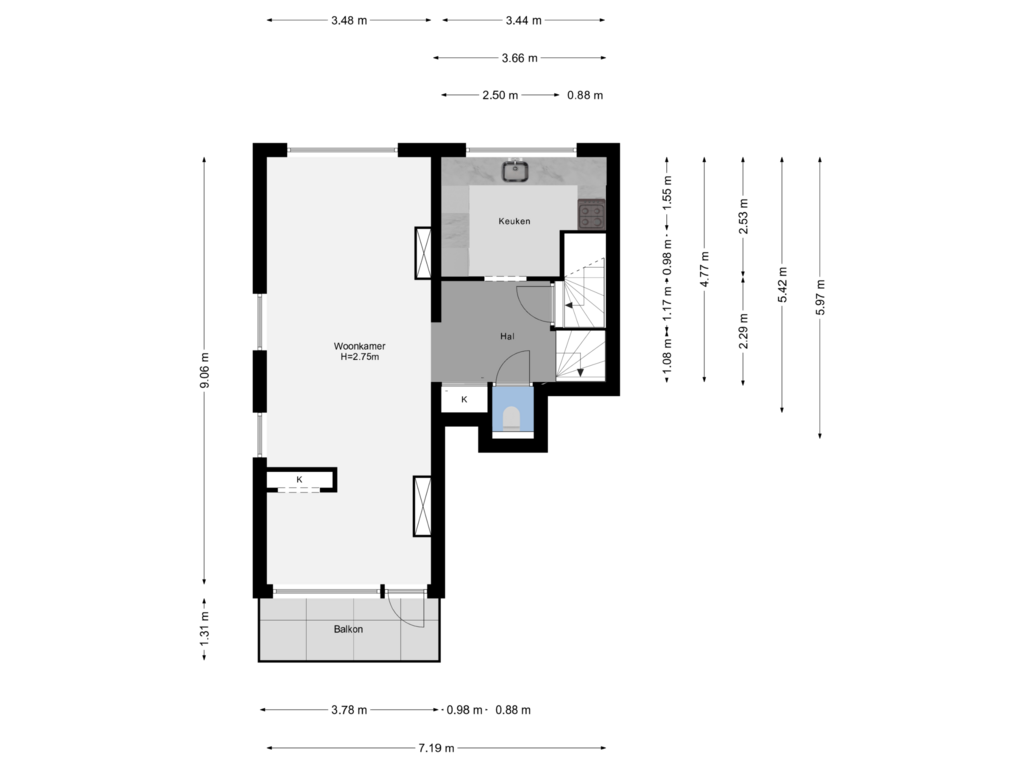 View floorplan of 1e Verdieping of Adriaen van der Doeslaan 35-B