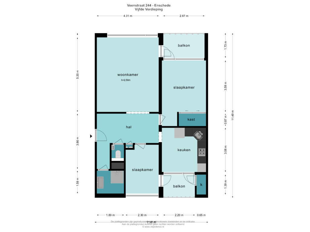 Bekijk plattegrond van Vijfde Verdieping van Veenstraat 244