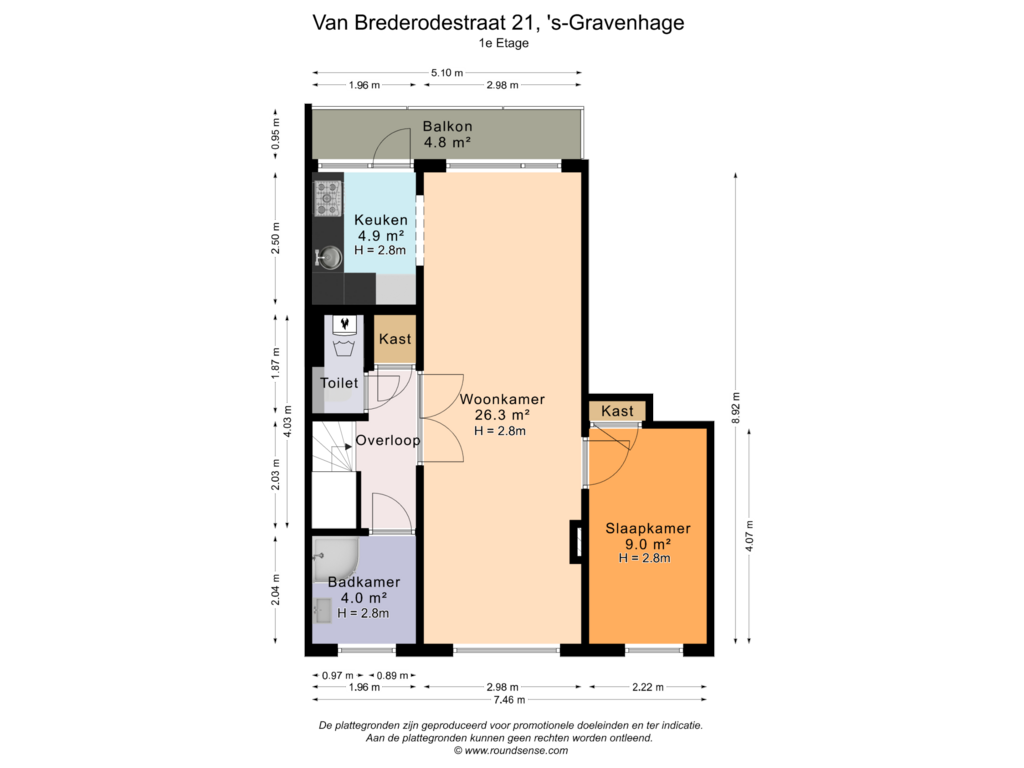 View floorplan of 1e Etage of Van Brederodestraat 21