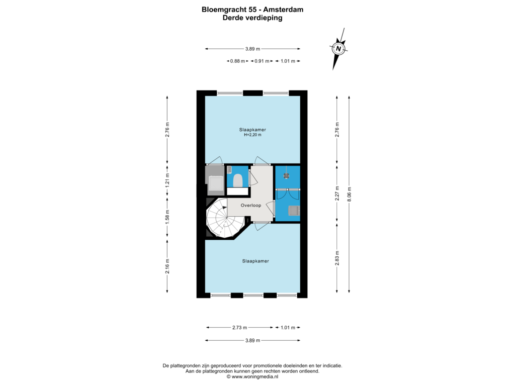 Bekijk plattegrond van Derde verdieping van Bloemgracht 55