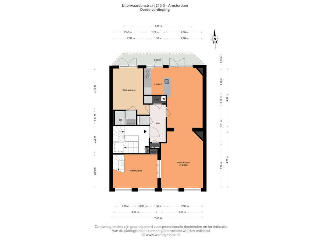 Bekijk plattegrond van Derde verdieping van Uiterwaardenstraat 210-3