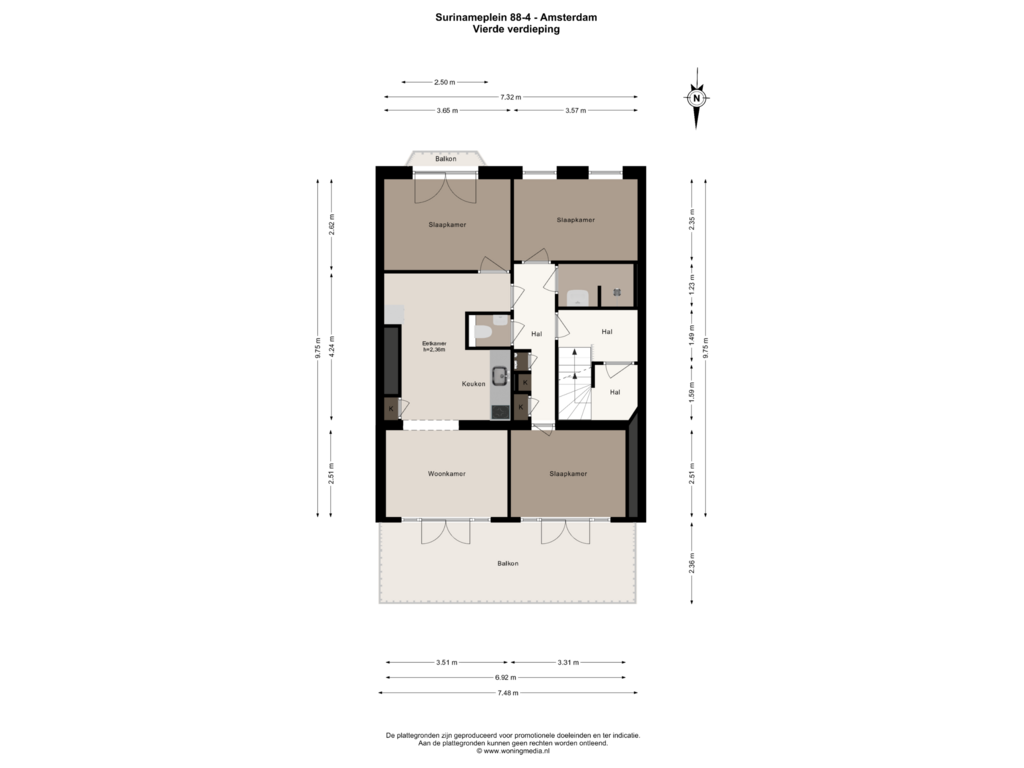 View floorplan of Vierde verdieping of Surinameplein 88-4