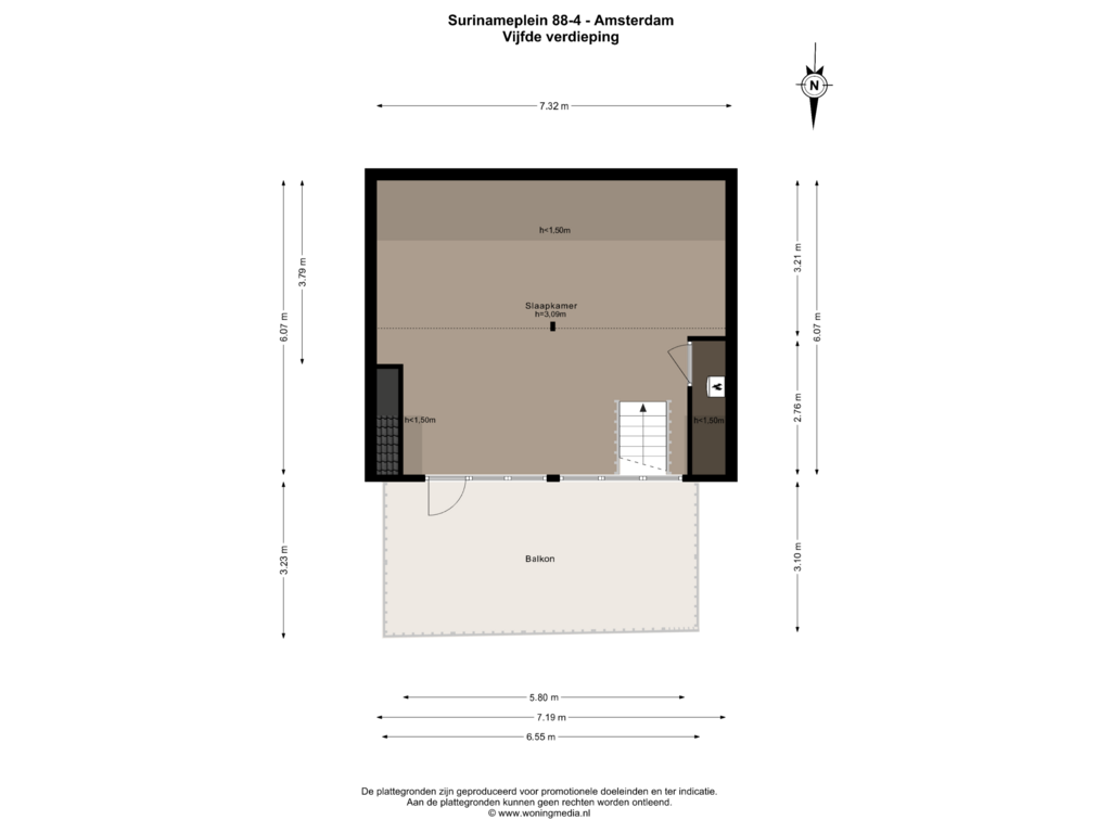 View floorplan of Vijfde verdieping of Surinameplein 88-4