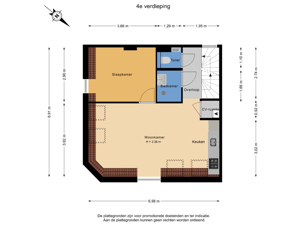 View floorplan of 4e verdieping of Ten Katestraat 14-4