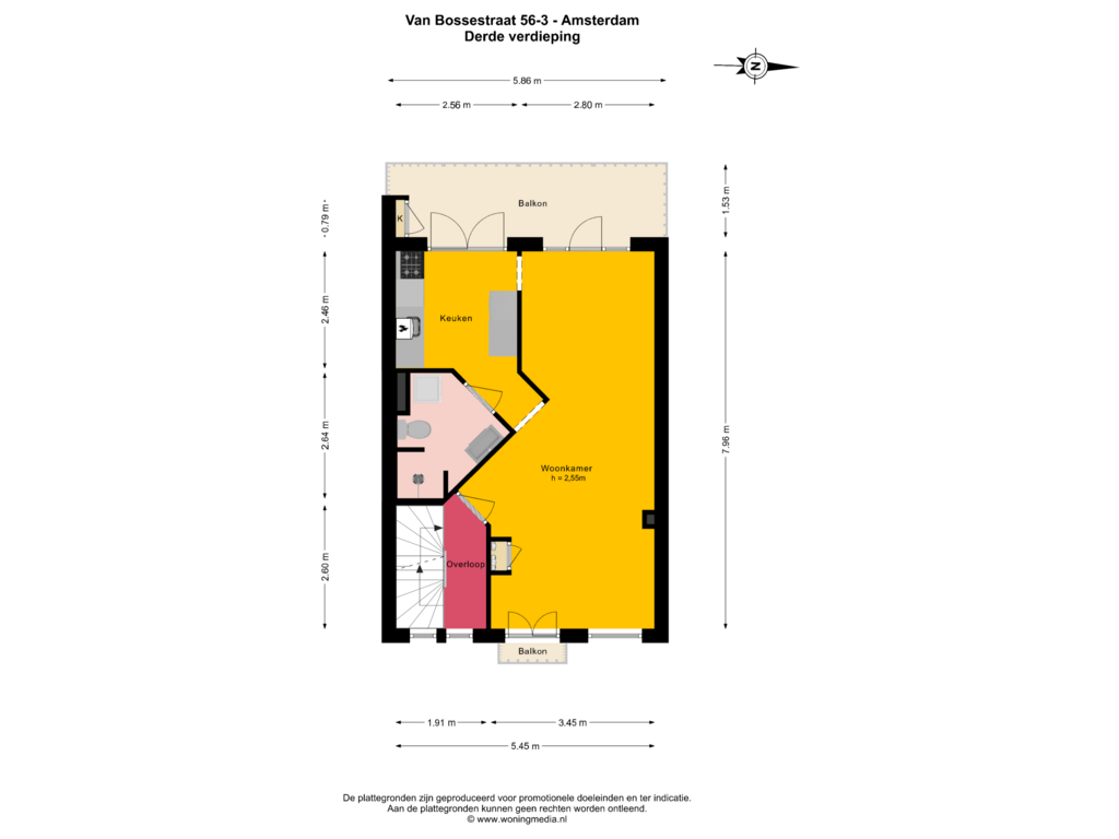 Bekijk plattegrond van Derde verdieping van Van Bossestraat 56-3