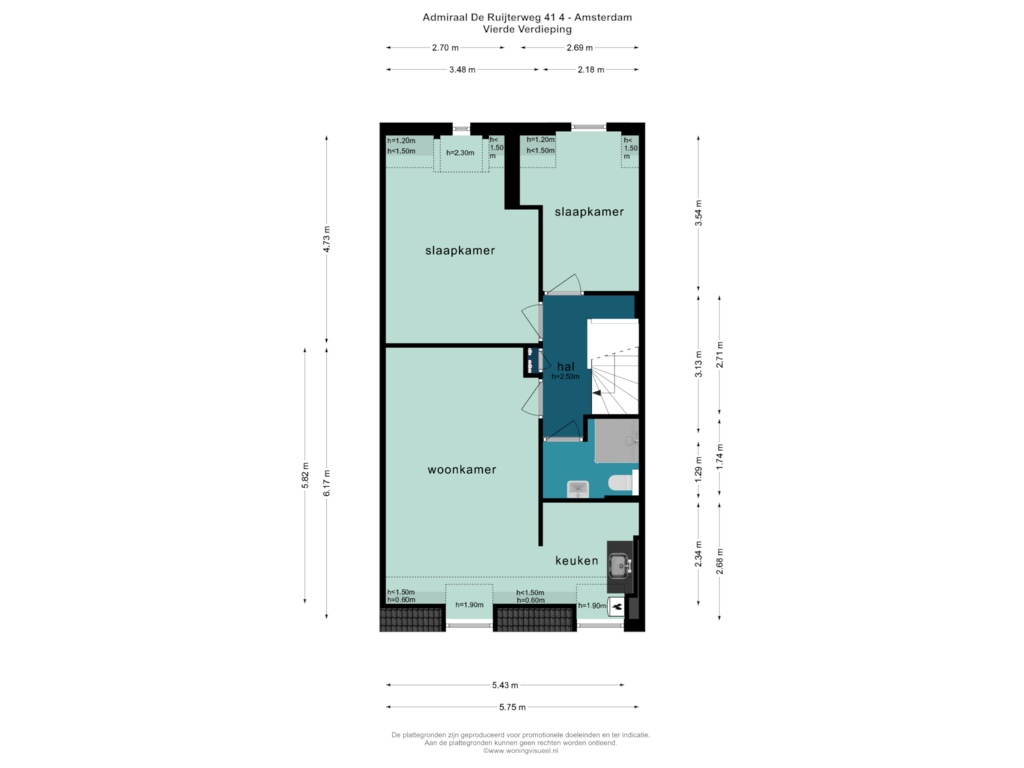 Bekijk plattegrond van VIERDE VERDIEPING van Admiraal De Ruijterweg 41-4