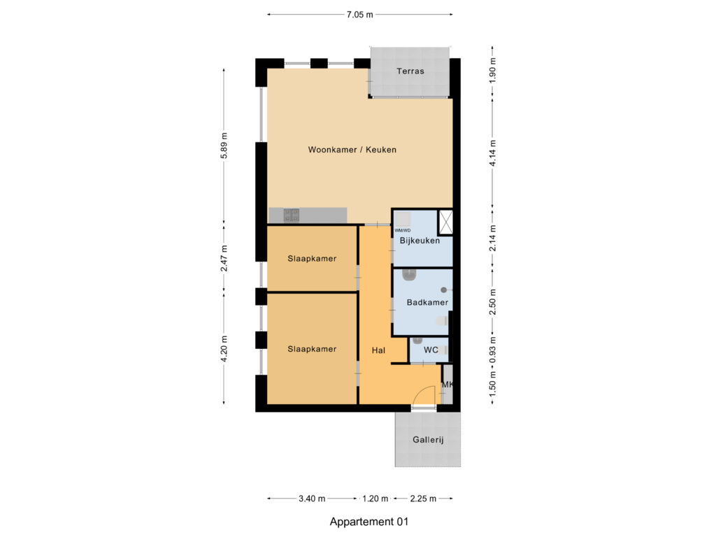 View floorplan of Appartement 01 of Daem van Kekenstraat 1-D