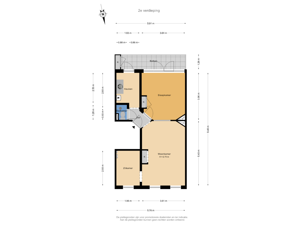 View floorplan of 2e verdieping of Bartholomeus Diazstraat 33-2